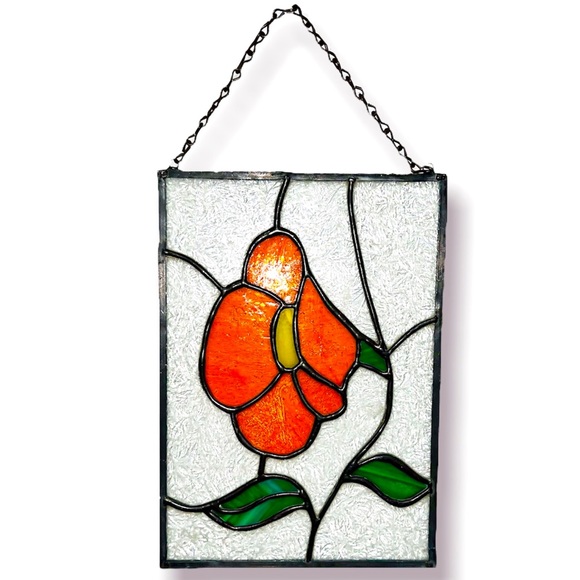 Vintage stained glass wind panel orange flower 12”x9” & Chain Hangs 4.5”